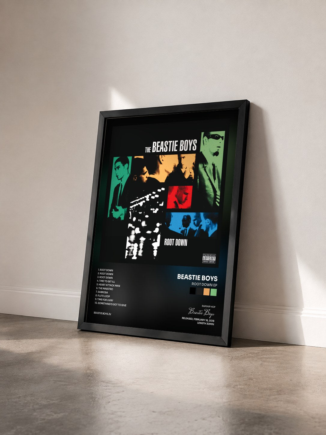 #noir Tableau de l'album Root Down EP de Beastie Boys vu de trois quarts, cadre noir