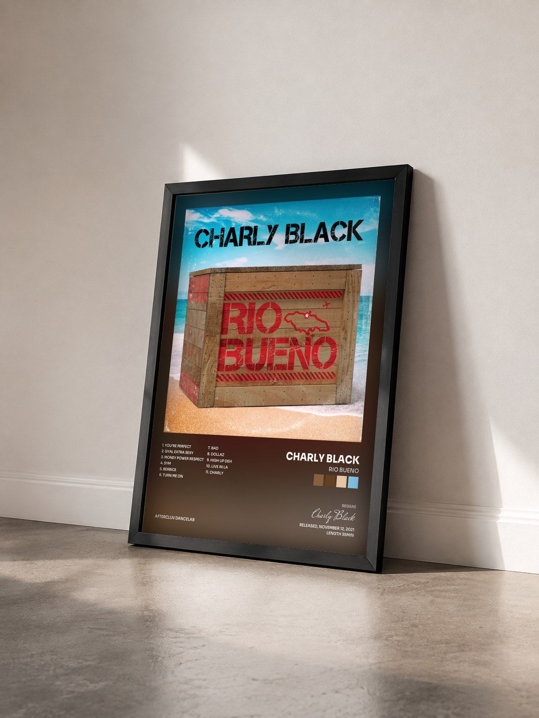 #noir Tableau de l'album Rio Bueno de Charly Black vu de trois quarts, cadre noir