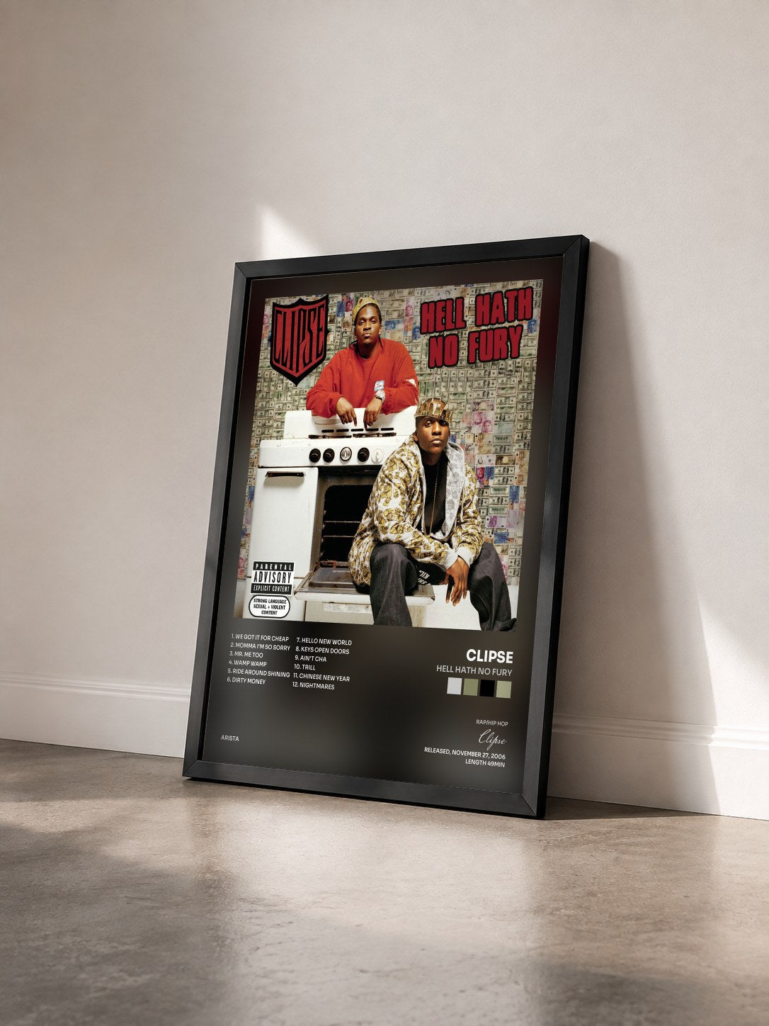 #noir Tableau de l'album Hell Hath No Fury de Clipse vu de trois quarts, cadre noir