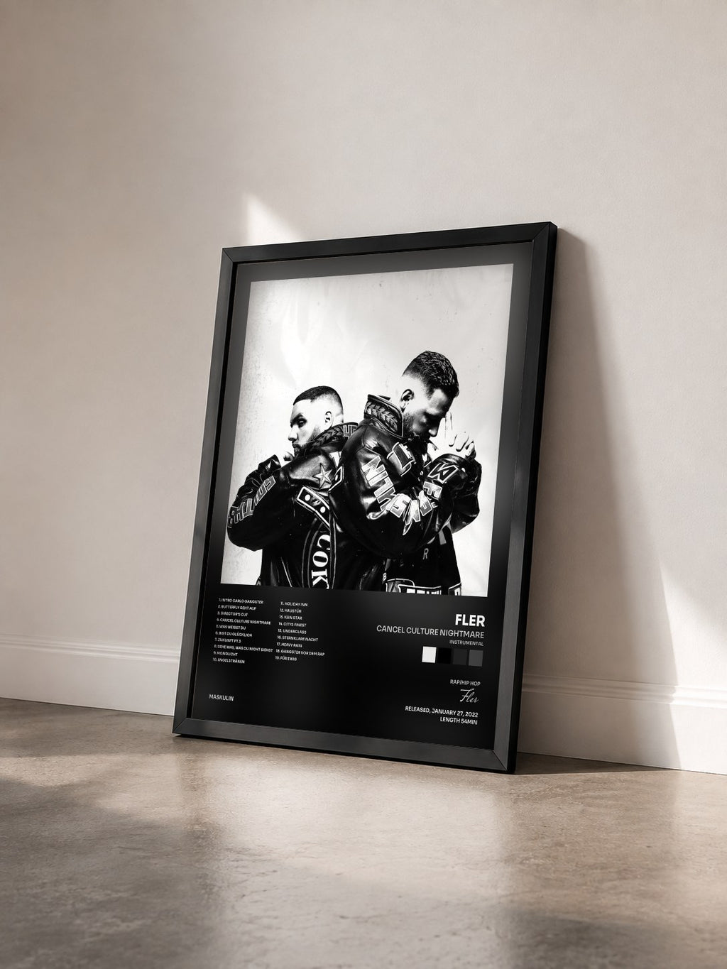 #noir Tableau de l'album CANCEL CULTURE NIGHTMARE (INSTRUMENTAL) de Fler vu de trois quarts, cadre noir