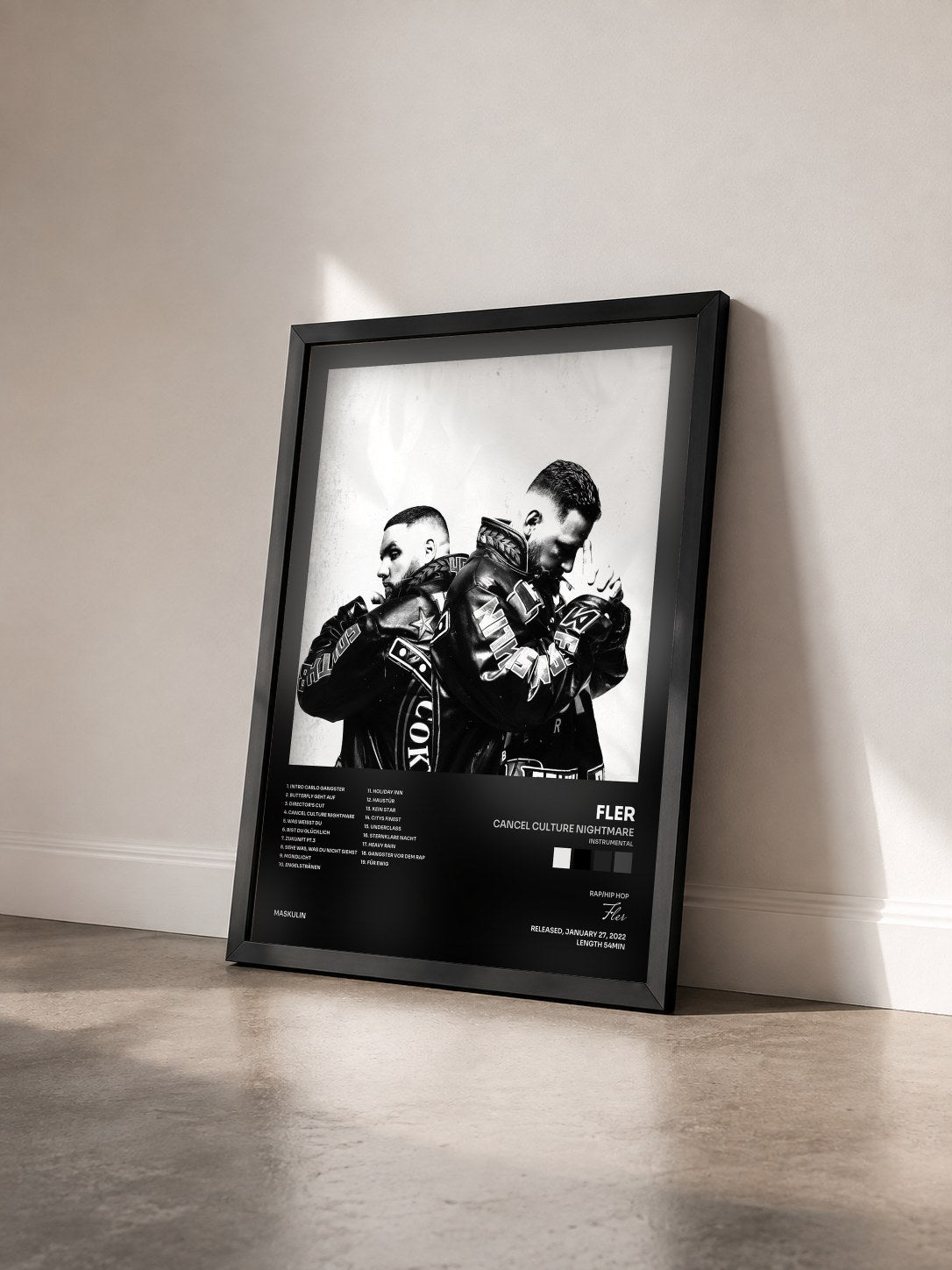 #noir Tableau de l'album CANCEL CULTURE NIGHTMARE (INSTRUMENTAL) de Fler vu de trois quarts, cadre noir