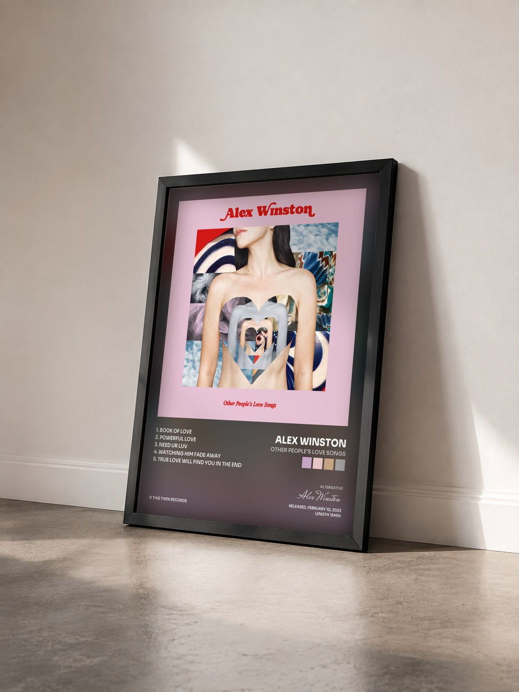 #noir Tableau de l'album Other People's Love Songs de Alex Winston vu de trois quarts, cadre noir