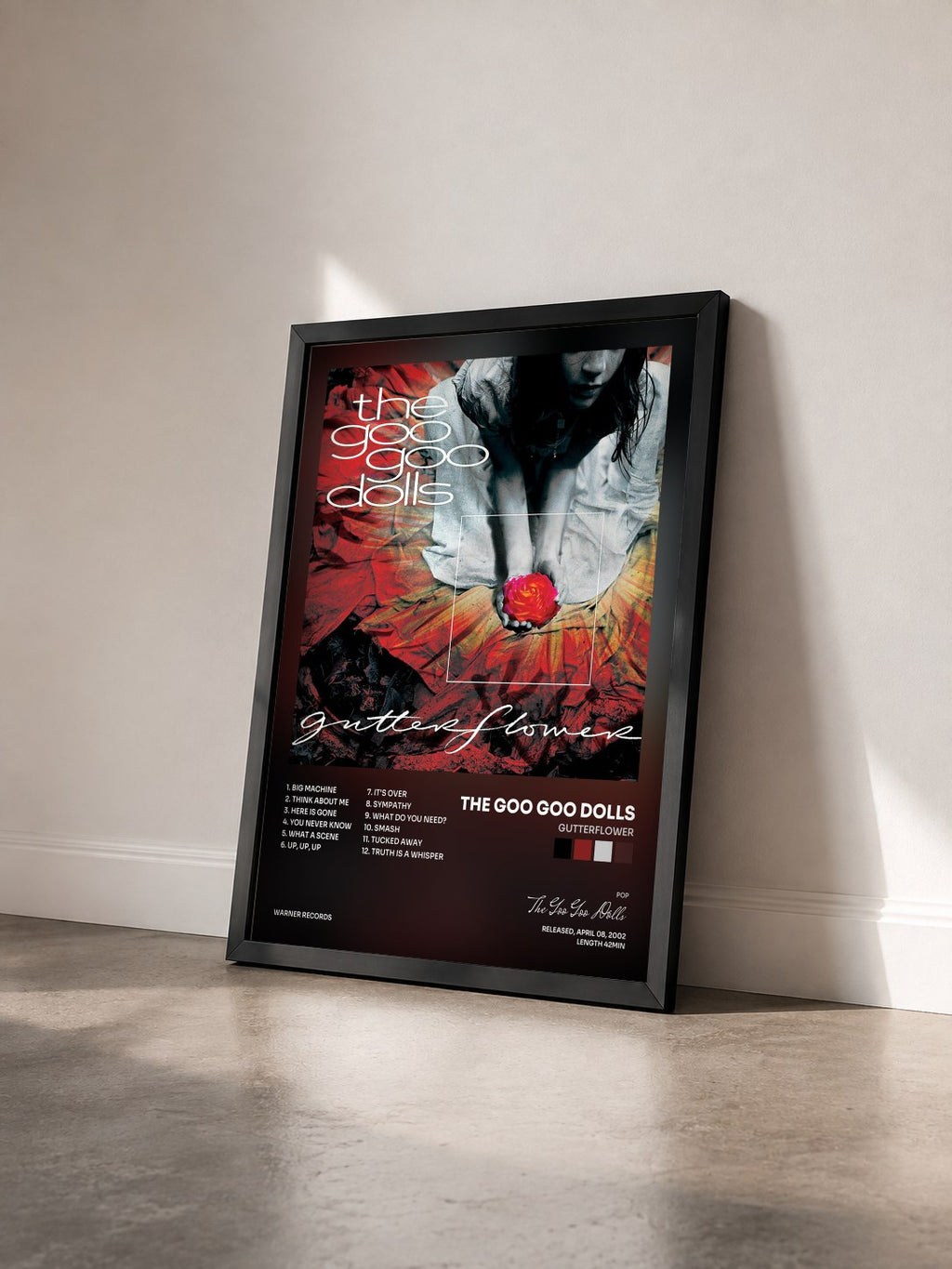 #noir Tableau de l'album Gutterflower de The Goo Goo Dolls vu de trois quarts, cadre noir