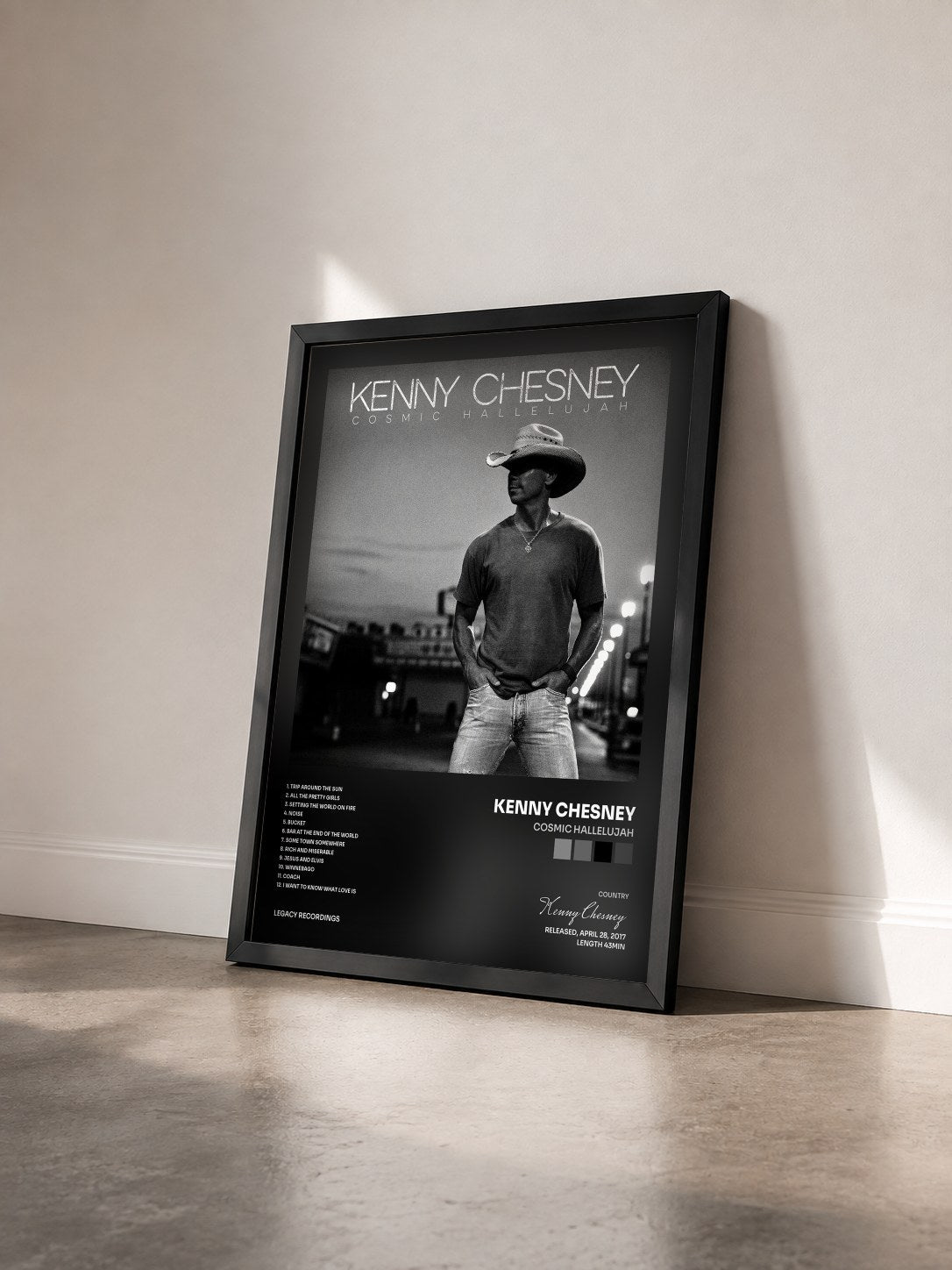 #noir Tableau de l'album Cosmic Hallelujah de Kenny Chesney vu de trois quarts, cadre noir