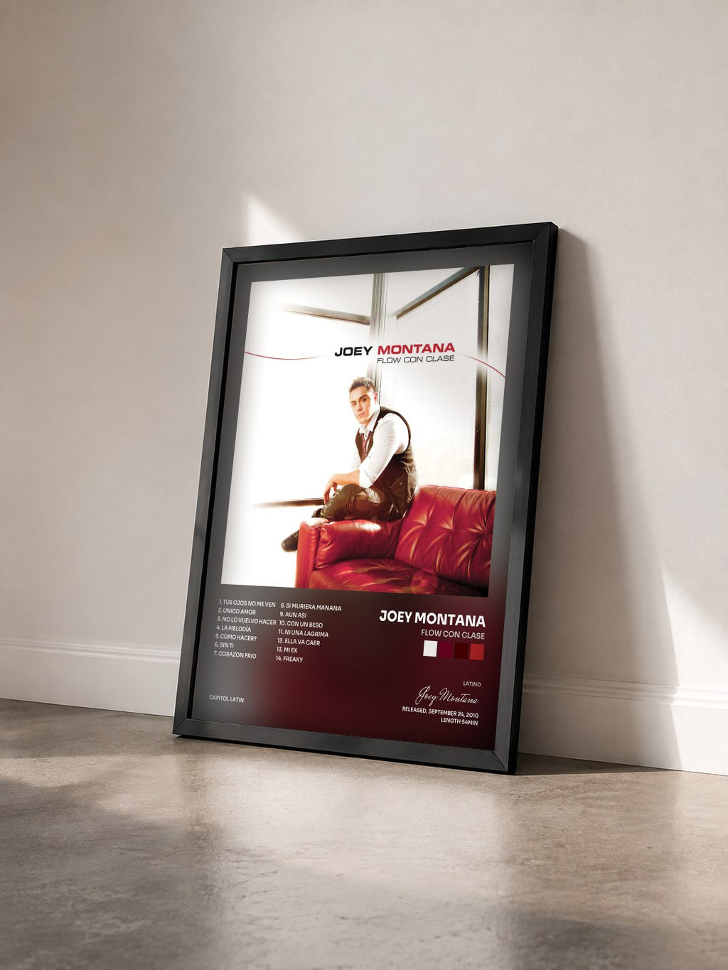 #noir Tableau de l'album Flow Con Clase de Joey Montana vu de trois quarts, cadre noir