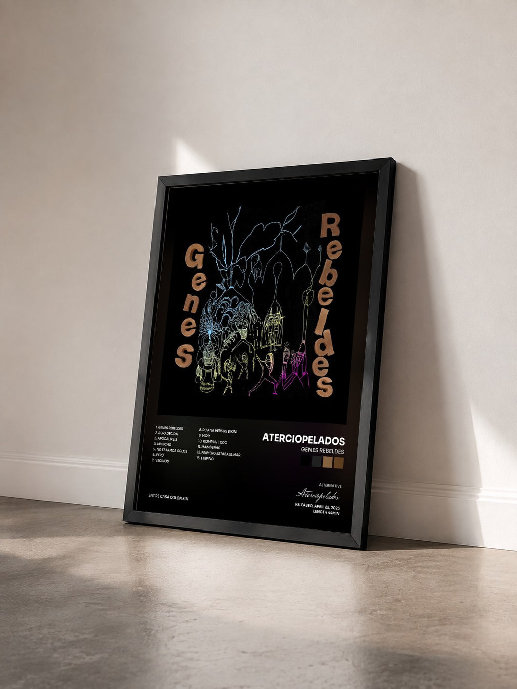 #noir Tableau de l'album Genes Rebeldes de Aterciopelados vu de trois quarts, cadre noir