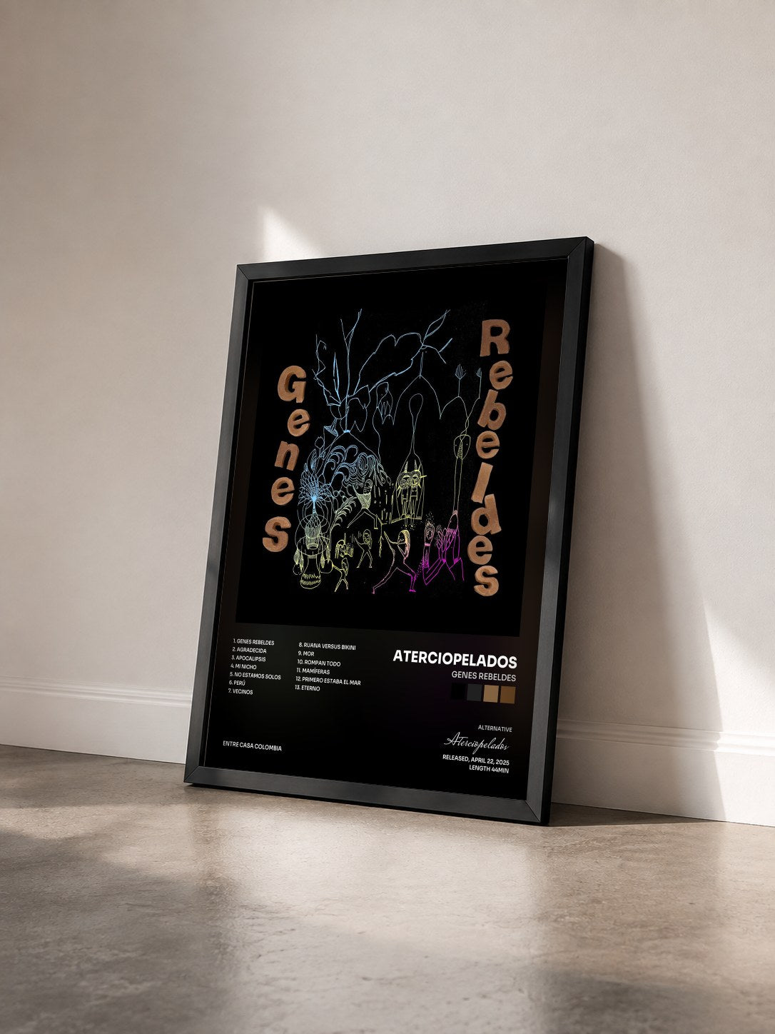 #noir Tableau de l'album Genes Rebeldes de Aterciopelados vu de trois quarts, cadre noir