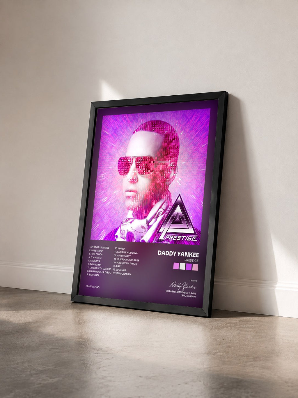 #noir Tableau de l'album Prestige de Daddy Yankee vu de trois quarts, cadre noir