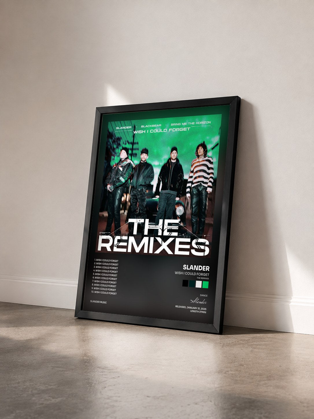 #noir Tableau de l'album Wish I Could Forget (The Remixes) de Slander vu de trois quarts, cadre noir