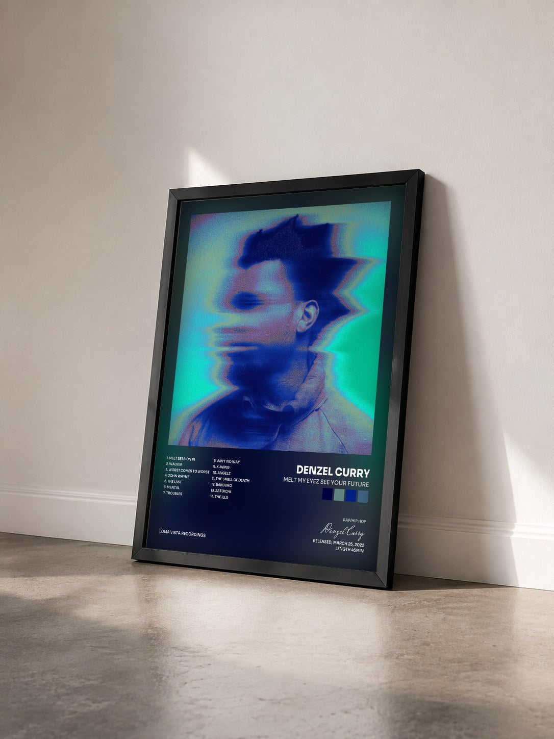 #noir Tableau de l'album Melt My Eyez See Your Future de Denzel Curry vu de trois quarts, cadre noir