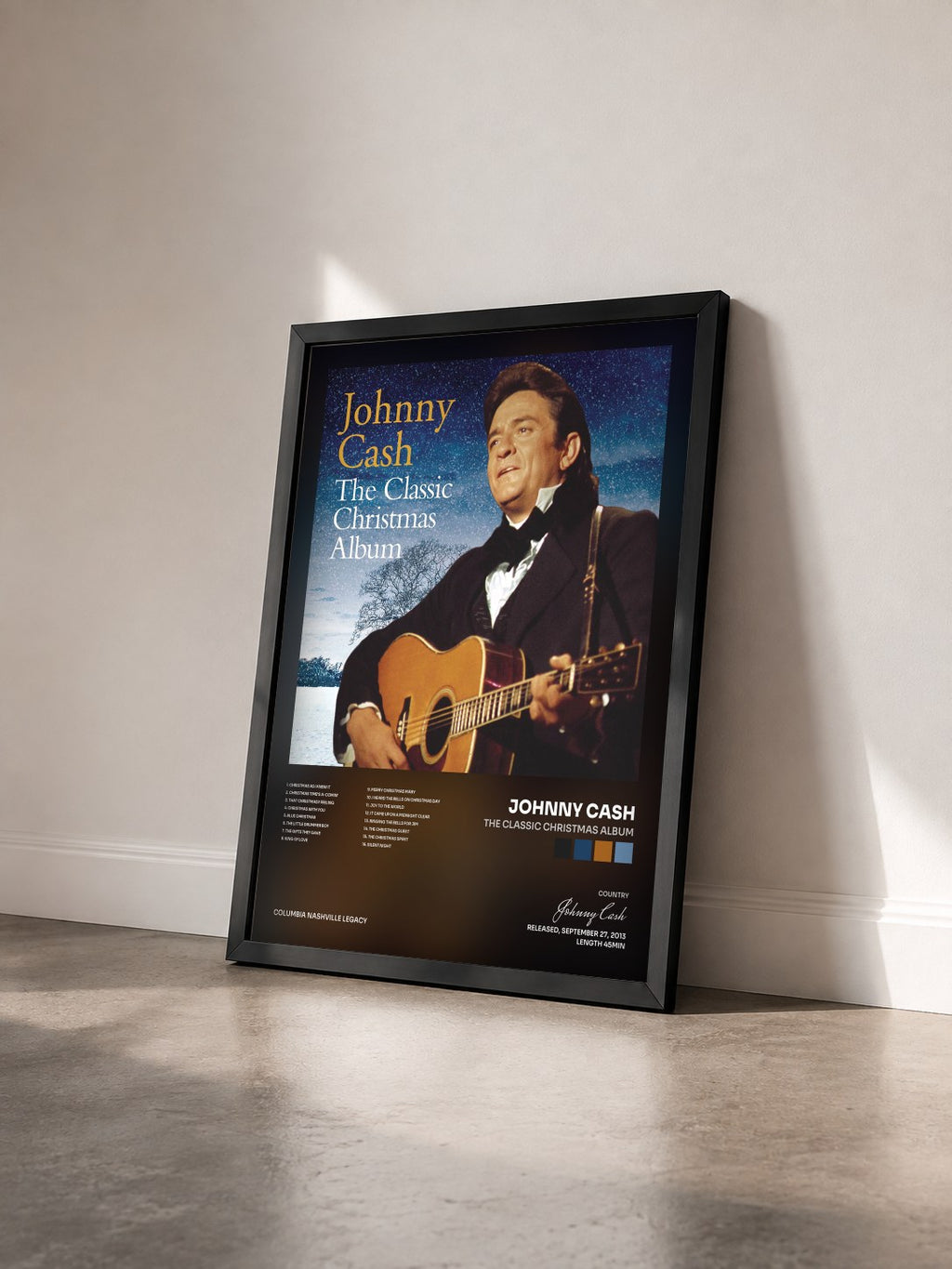 #noir Tableau de l'album The Classic Christmas Album de Johnny Cash vu de trois quarts, cadre noir