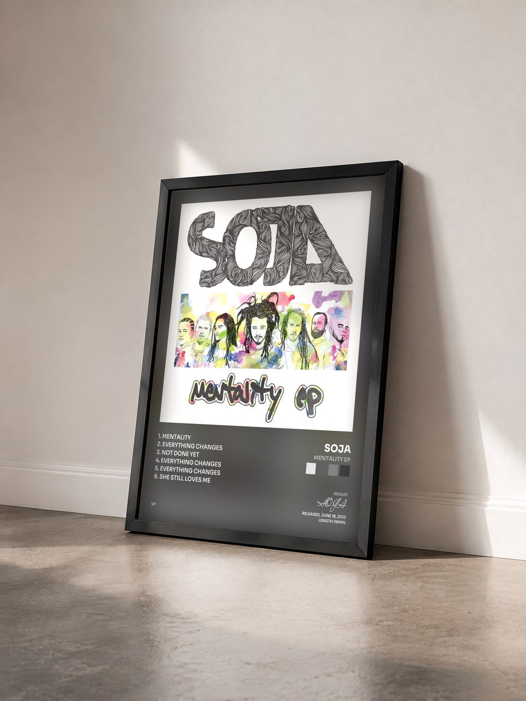 #noir Tableau de l'album Mentality EP de SOJA vu de trois quarts, cadre noir