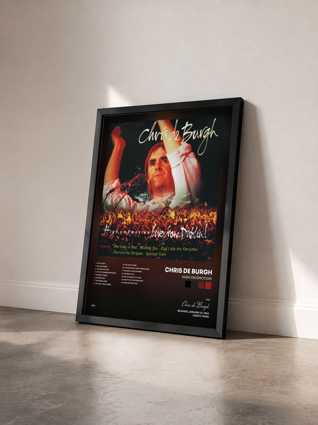 #noir Tableau de l'album High On Emotion de Chris de Burgh vu de trois quarts, cadre noir