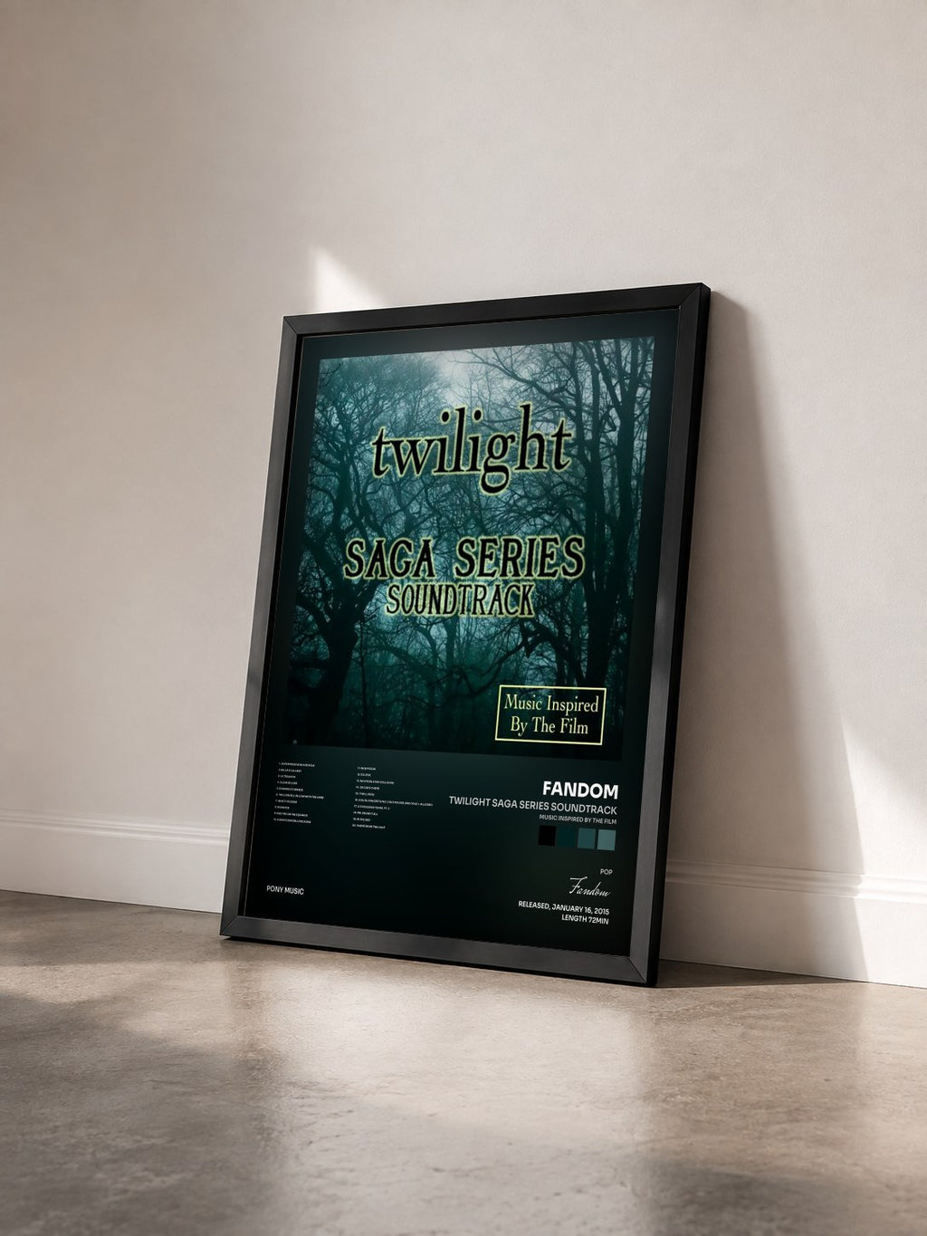 #noir Twilight Saga Series Soundtrack (Music Inspired By the Film) di Fandom in stampa incorniciata vista di tre quarti, cornice nera