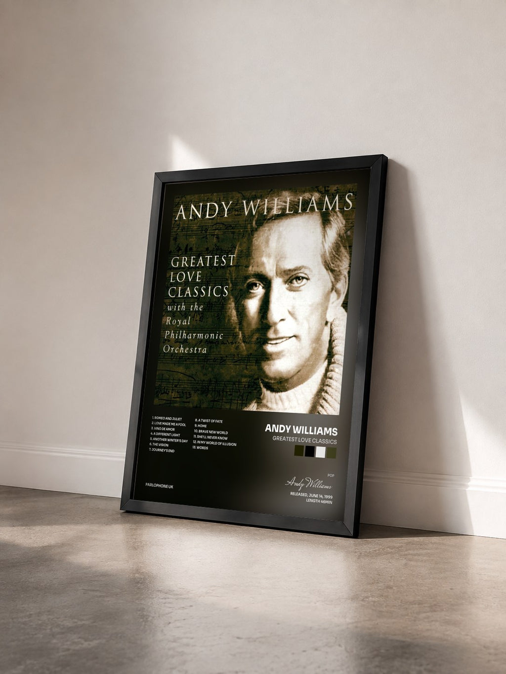 #noir Tableau de l'album Greatest Love Classics de Andy Williams vu de trois quarts, cadre noir