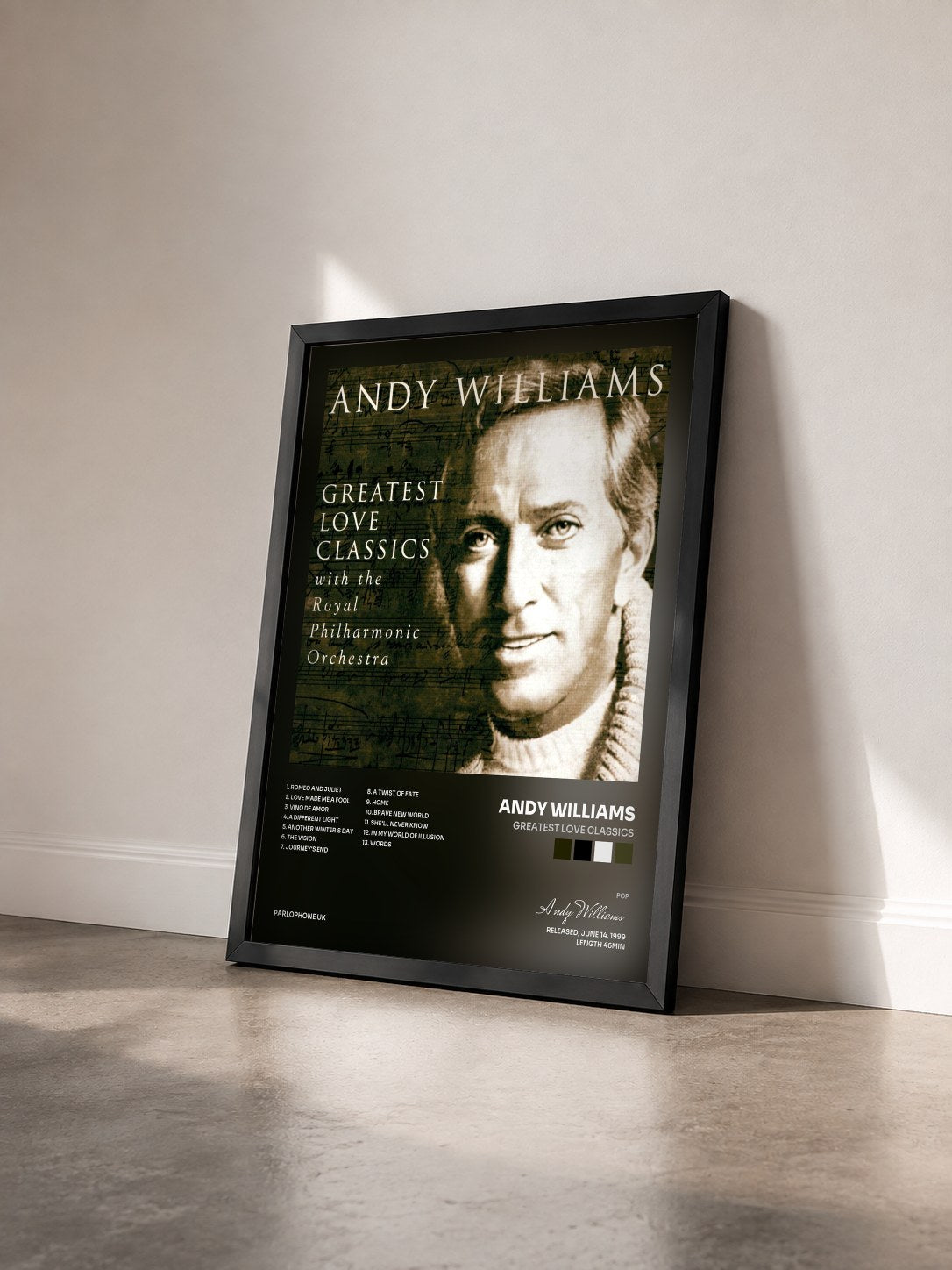 #noir Tableau de l'album Greatest Love Classics de Andy Williams vu de trois quarts, cadre noir