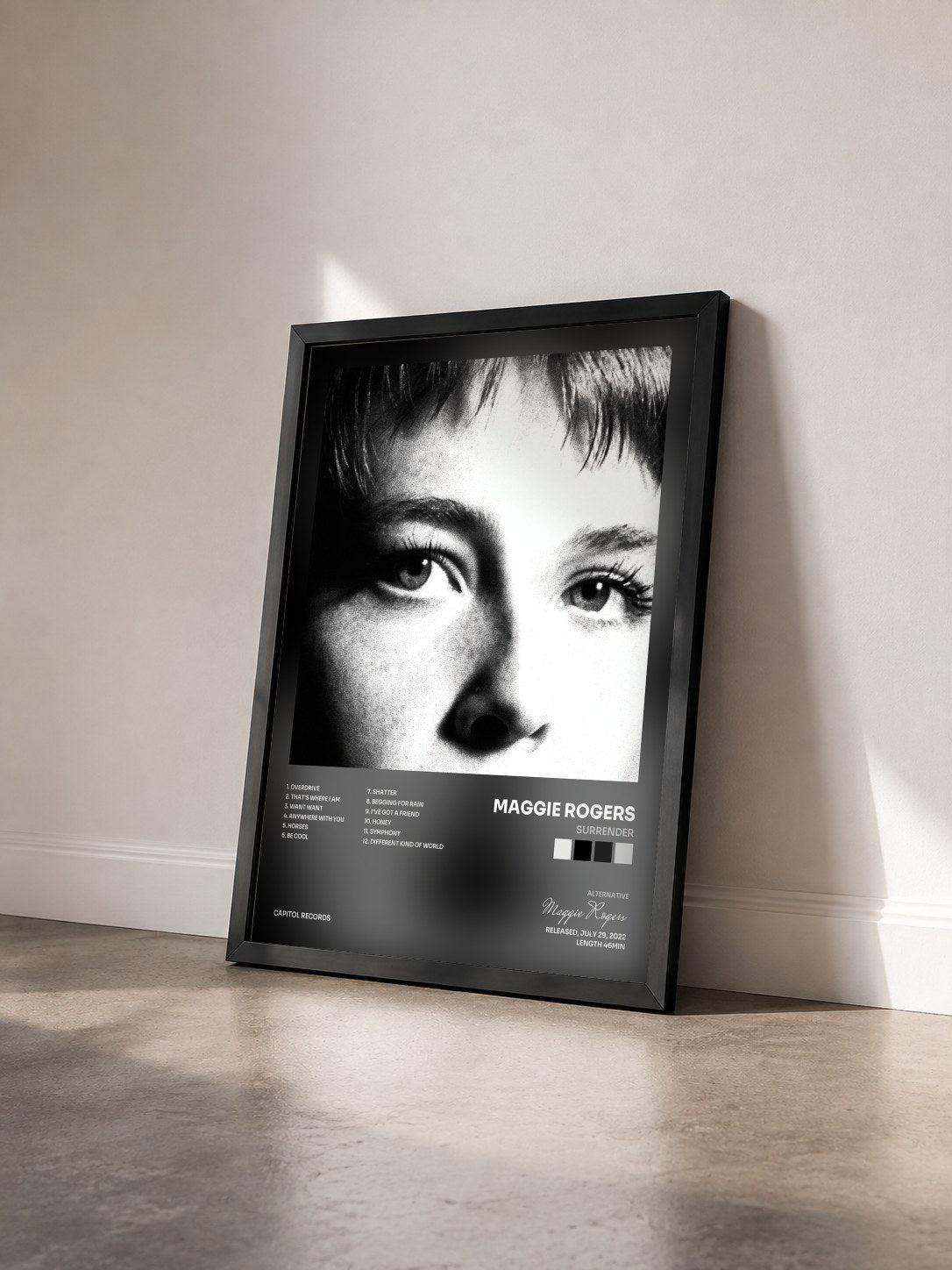 #noir Tableau de l'album Surrender de Maggie Rogers vu de trois quarts, cadre noir