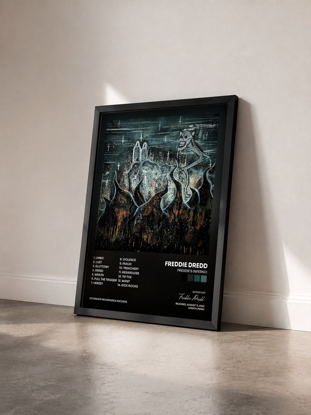 #noir Tableau de l'album Freddie's Inferno de Freddie Dredd vu de trois quarts, cadre noir