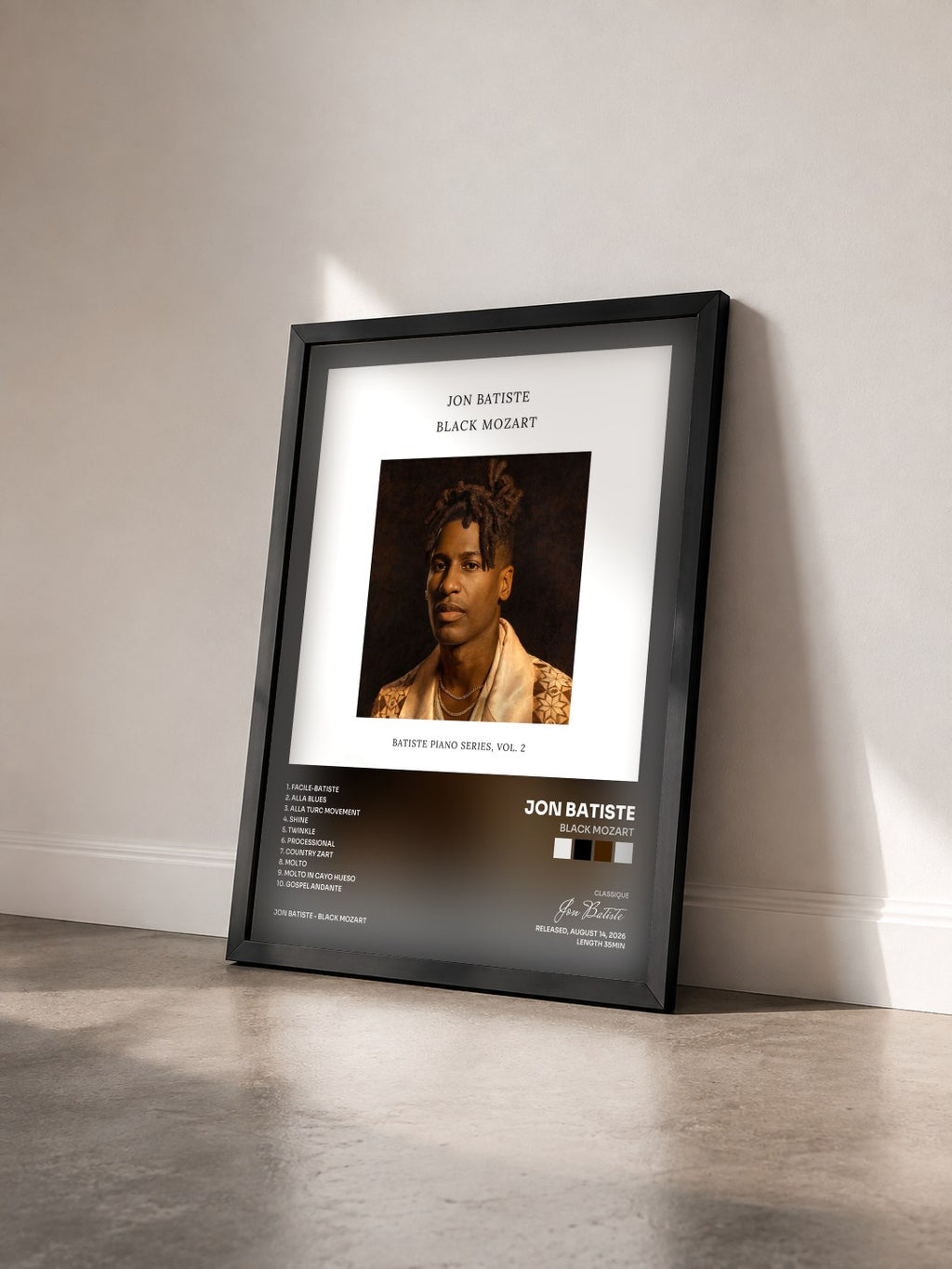#noir Tableau de l'album Black Mozart de Jon Batiste vu de trois quarts, cadre noir