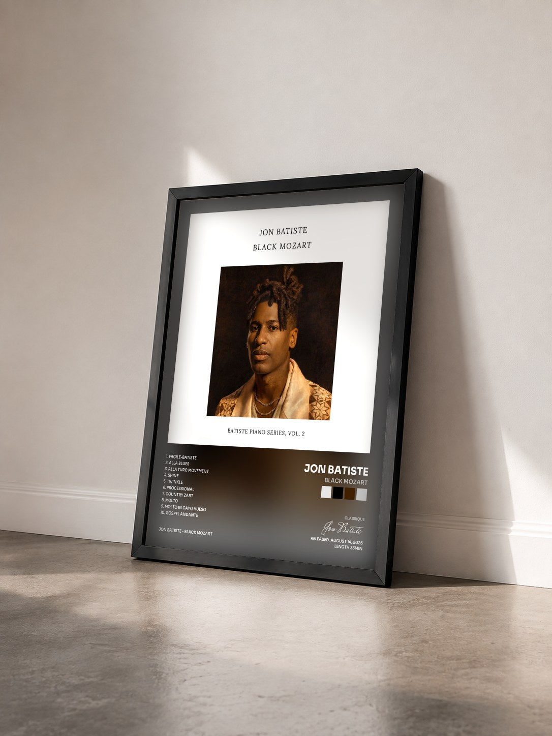 #noir Tableau de l'album Black Mozart de Jon Batiste vu de trois quarts, cadre noir