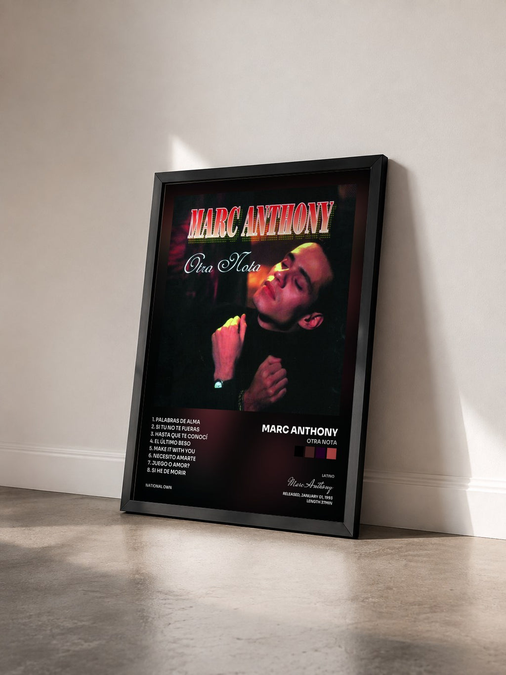 #noir Tableau de l'album Otra Nota de Marc Anthony vu de trois quarts, cadre noir
