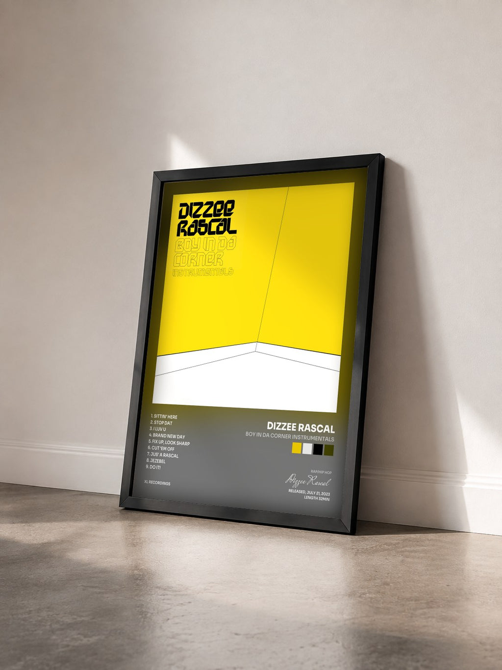 #noir Tableau de l'album Boy In Da Corner Instrumentals de Dizzee Rascal vu de trois quarts, cadre noir