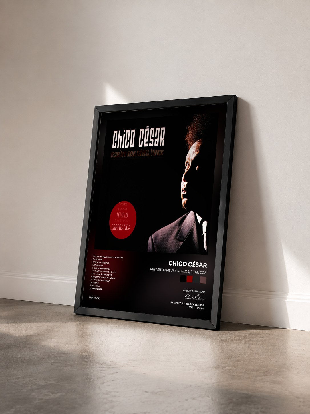 #noir Tableau de l'album Respeitem Meus Cabelos, Brancos de Chico César vu de trois quarts, cadre noir