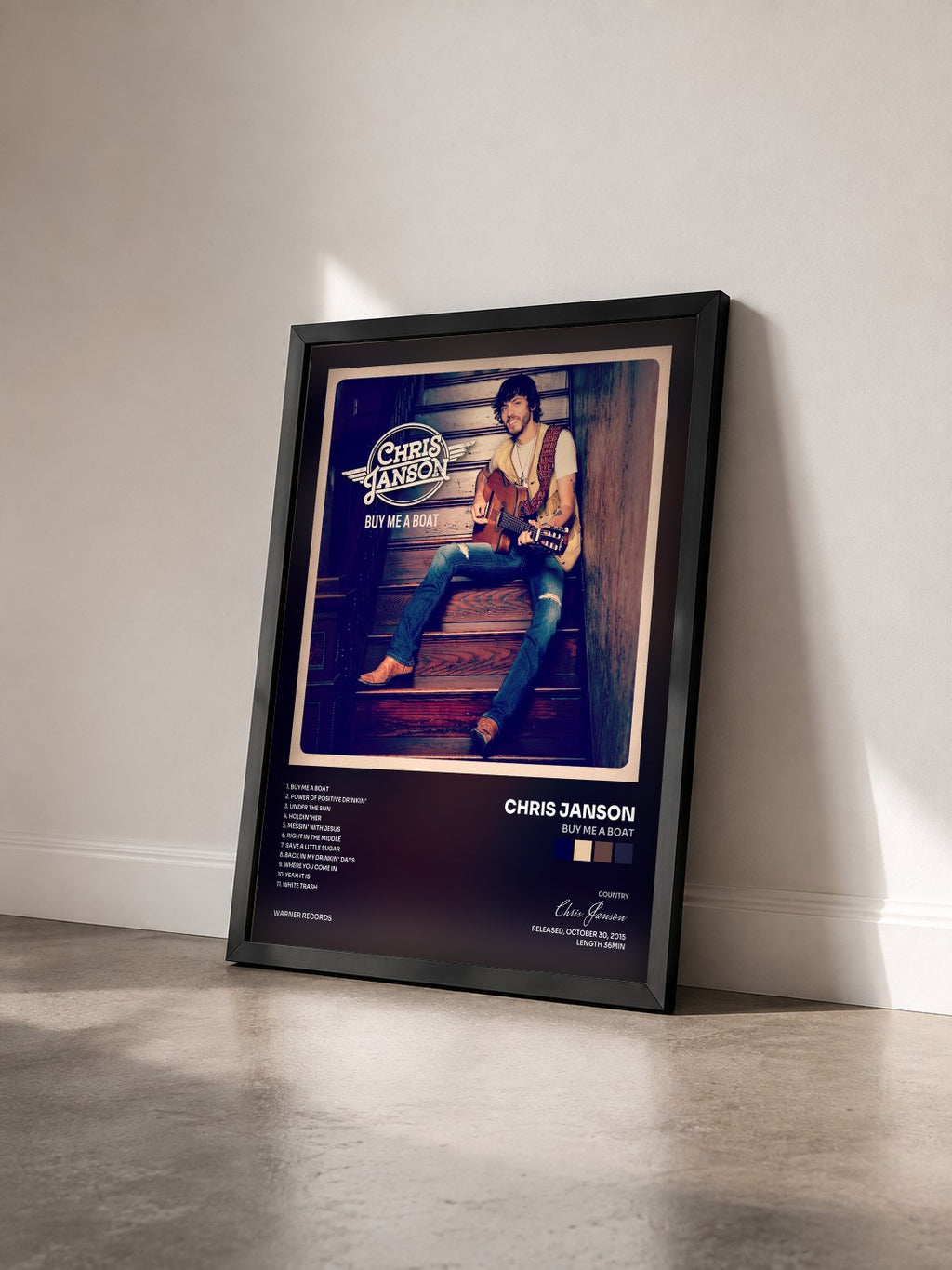 #noir Tableau de l'album Buy Me a Boat de Chris Janson vu de trois quarts, cadre noir