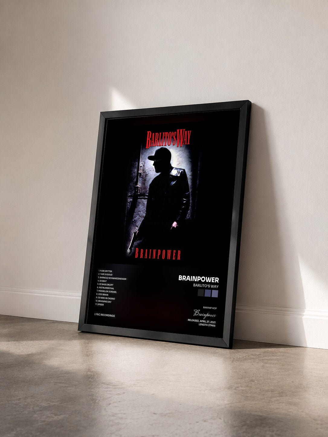 #noir Tableau de l'album Barlito's Way de Brainpower vu de trois quarts, cadre noir
