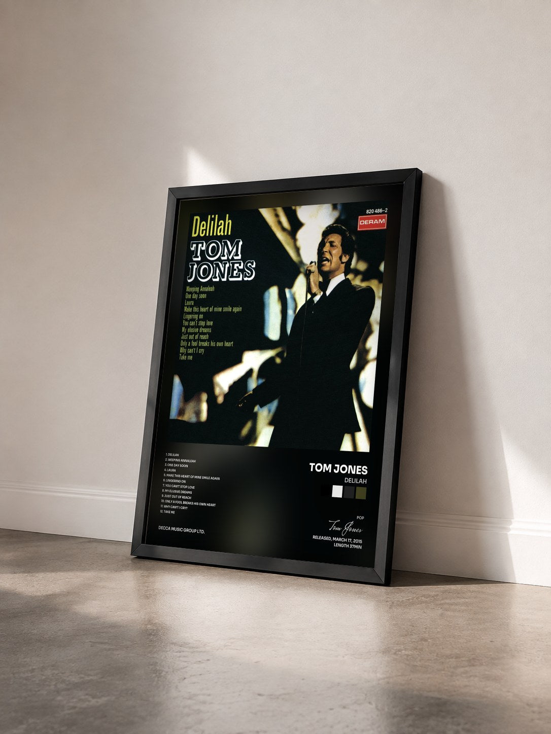 #noir Tableau de l'album Delilah de Tom Jones vu de trois quarts, cadre noir
