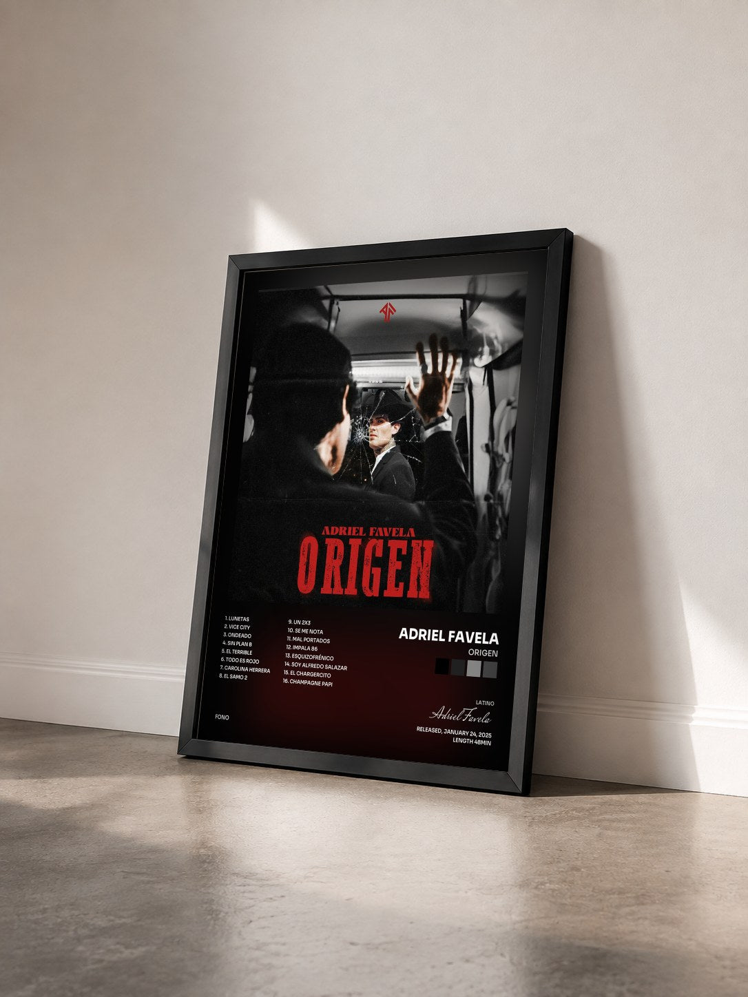 #noir Tableau de l'album Origen de Adriel Favela vu de trois quarts, cadre noir