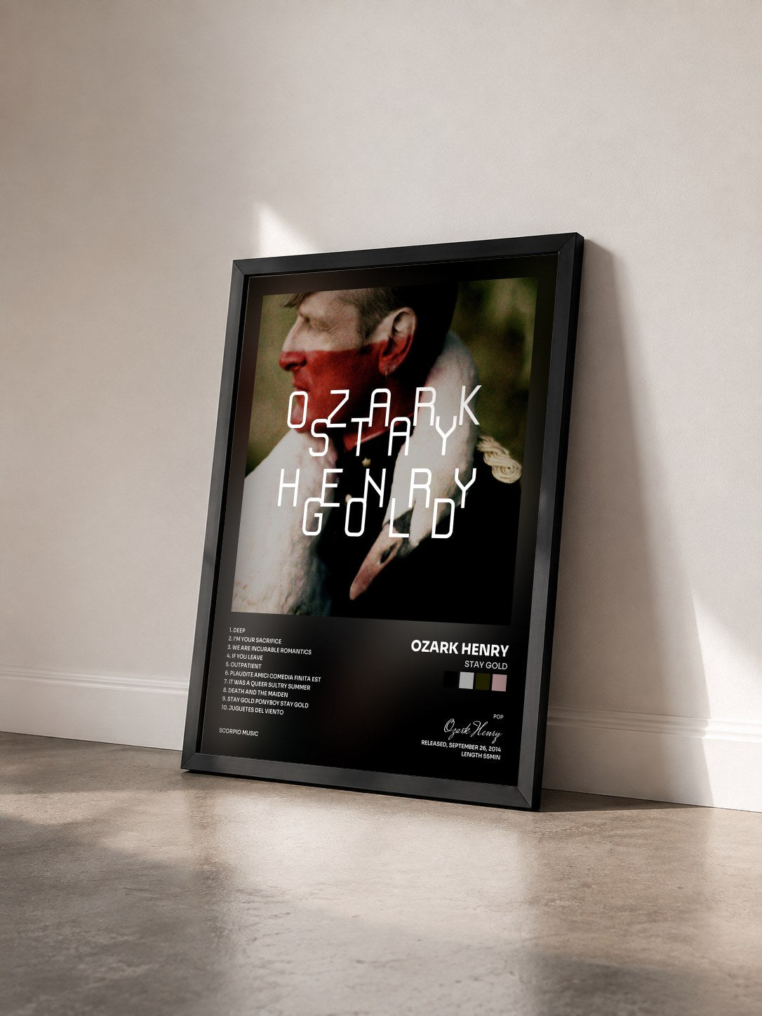 #noir Tableau de l'album Stay Gold de Ozark Henry vu de trois quarts, cadre noir