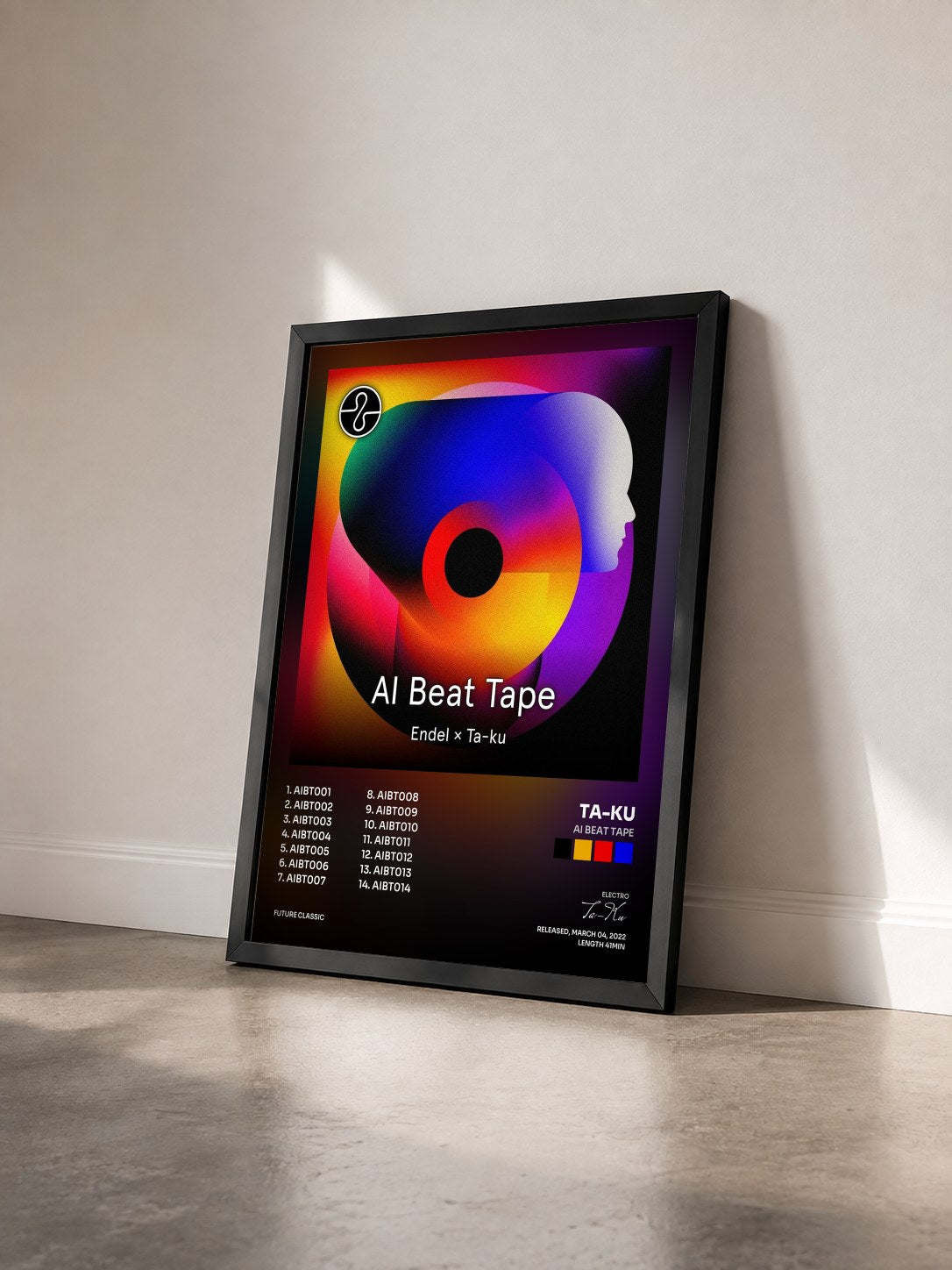 #noir Tableau de l'album AI Beat Tape de Ta-Ku vu de trois quarts, cadre noir