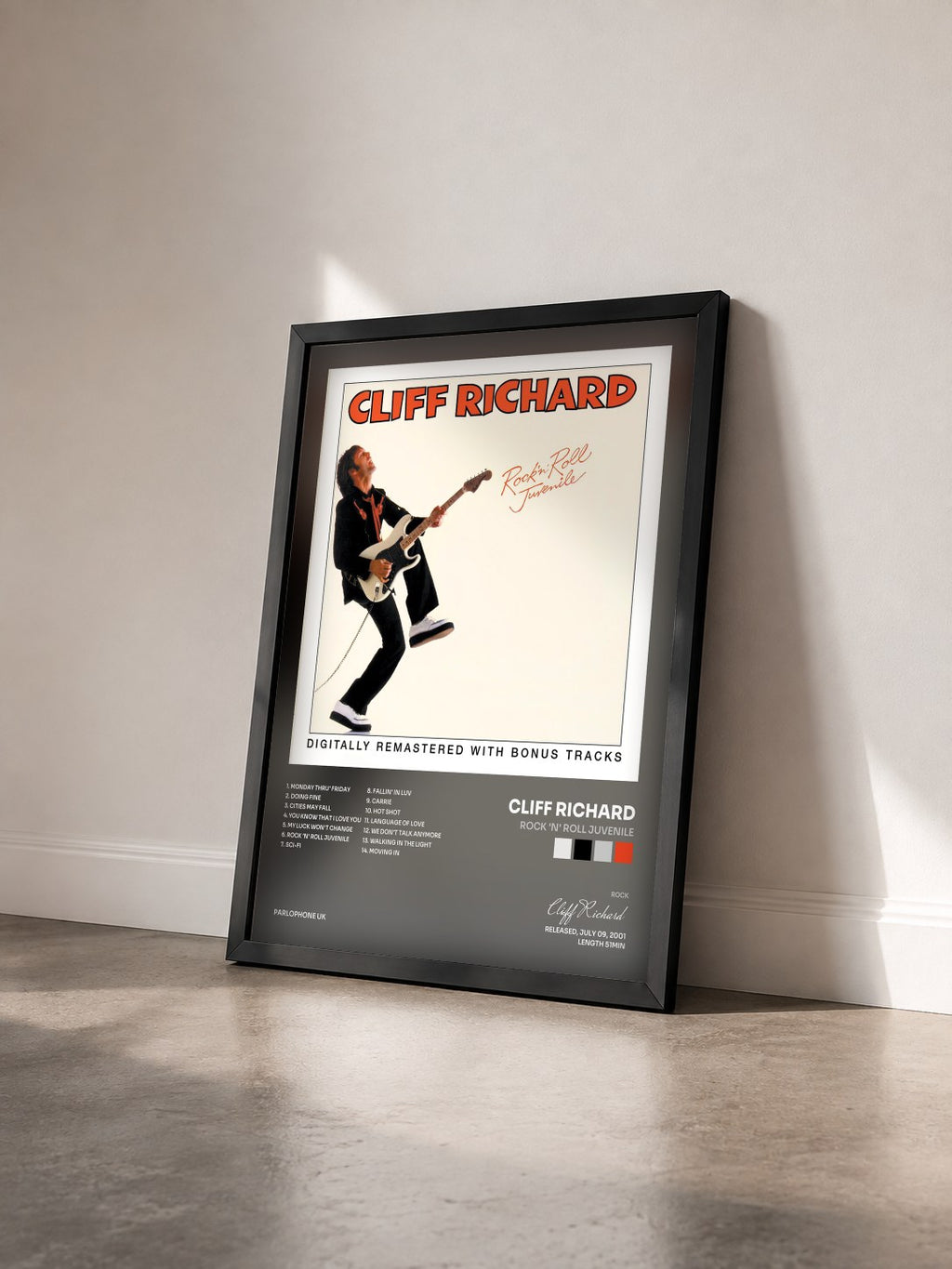 #noir Tableau de l'album Rock 'n' Roll Juvenile de Cliff Richard vu de trois quarts, cadre noir