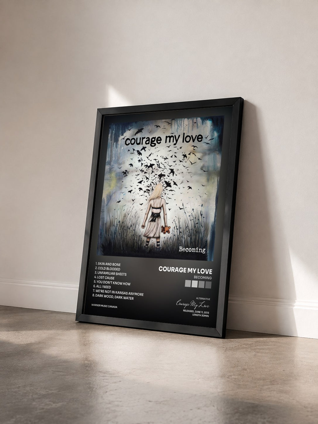 #noir Tableau de l'album Becoming de Courage My Love vu de trois quarts, cadre noir