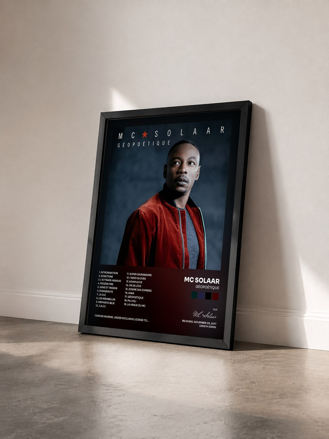 #noir Tableau de l'album Géopoétique de MC Solaar vu de trois quarts, cadre noir