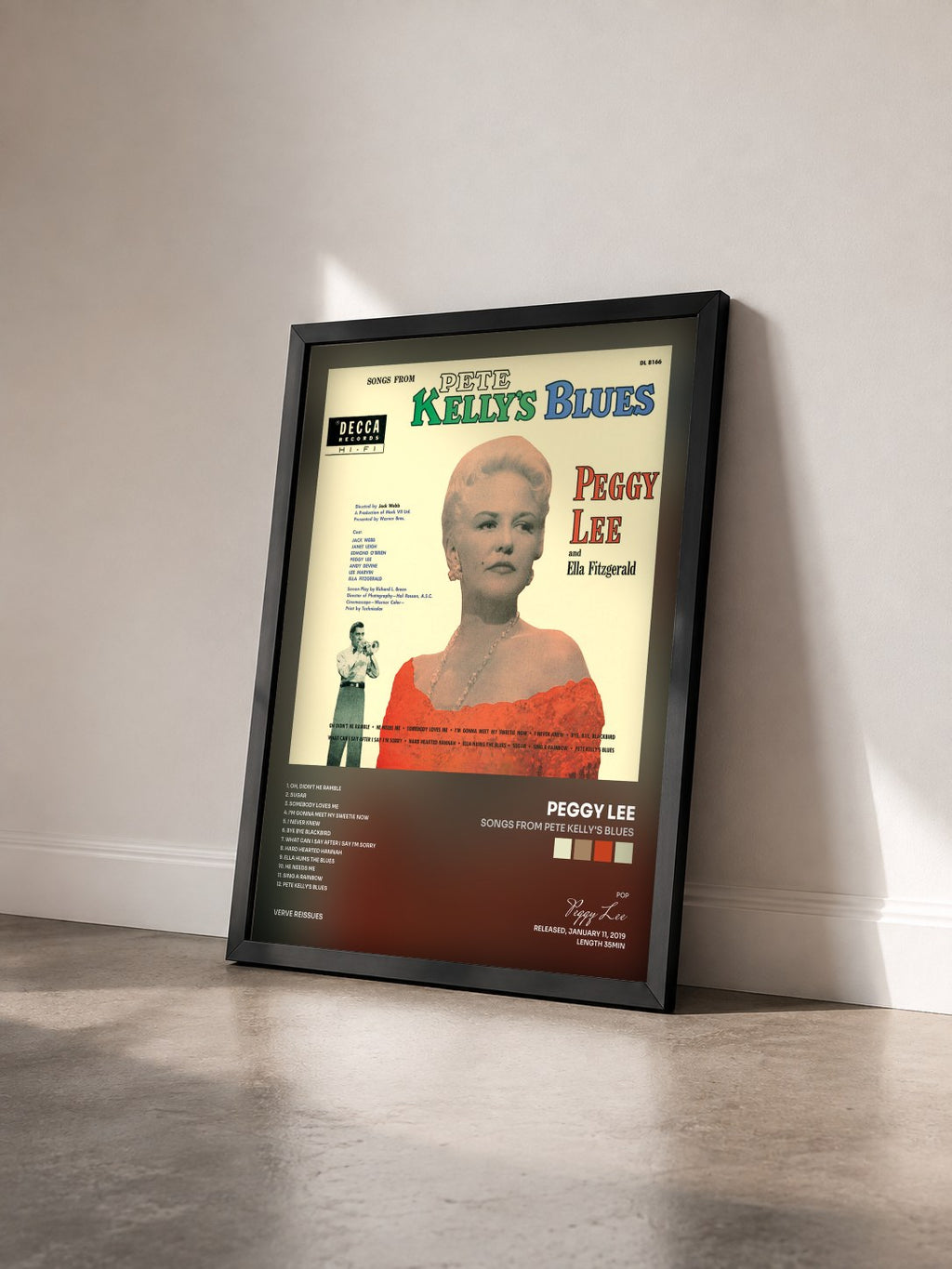 #noir Tableau de l'album Songs From Pete Kelly's Blues de Peggy Lee vu de trois quarts, cadre noir