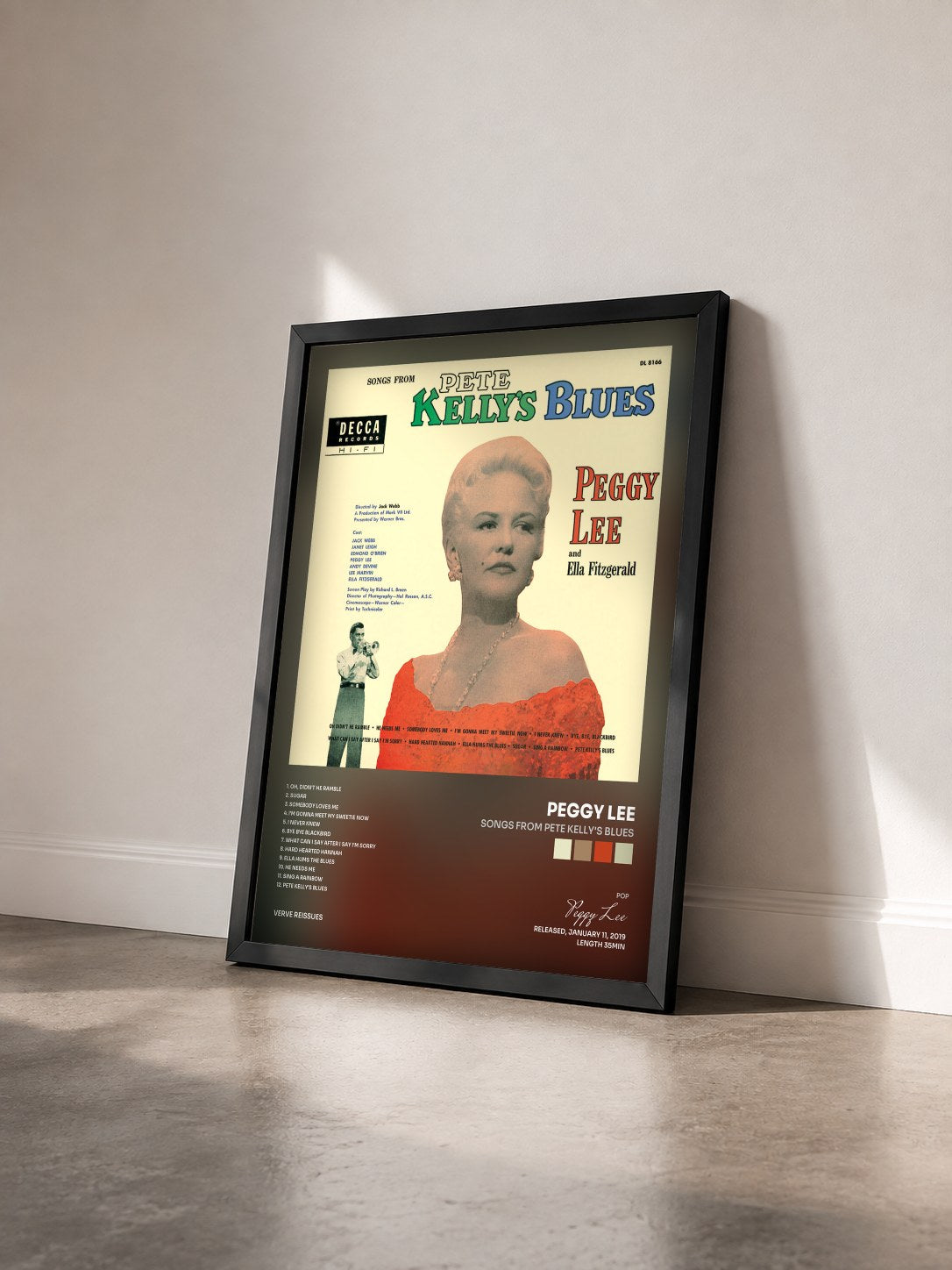 #noir Tableau de l'album Songs From Pete Kelly's Blues de Peggy Lee vu de trois quarts, cadre noir