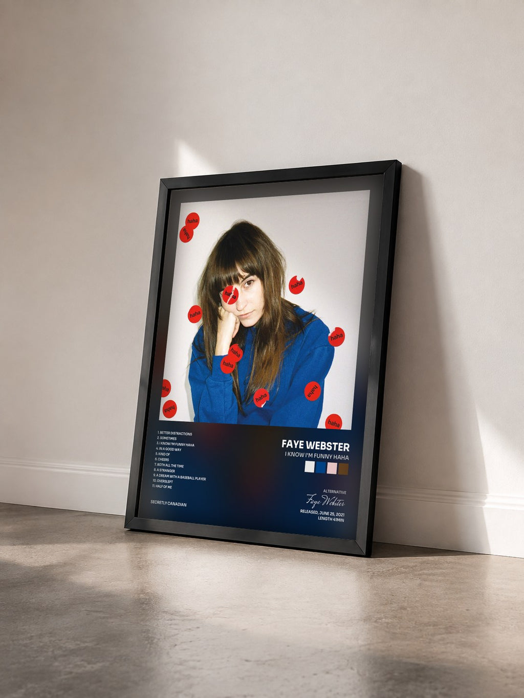 #noir Tableau de l'album I Know I'm Funny haha de Faye Webster vu de trois quarts, cadre noir