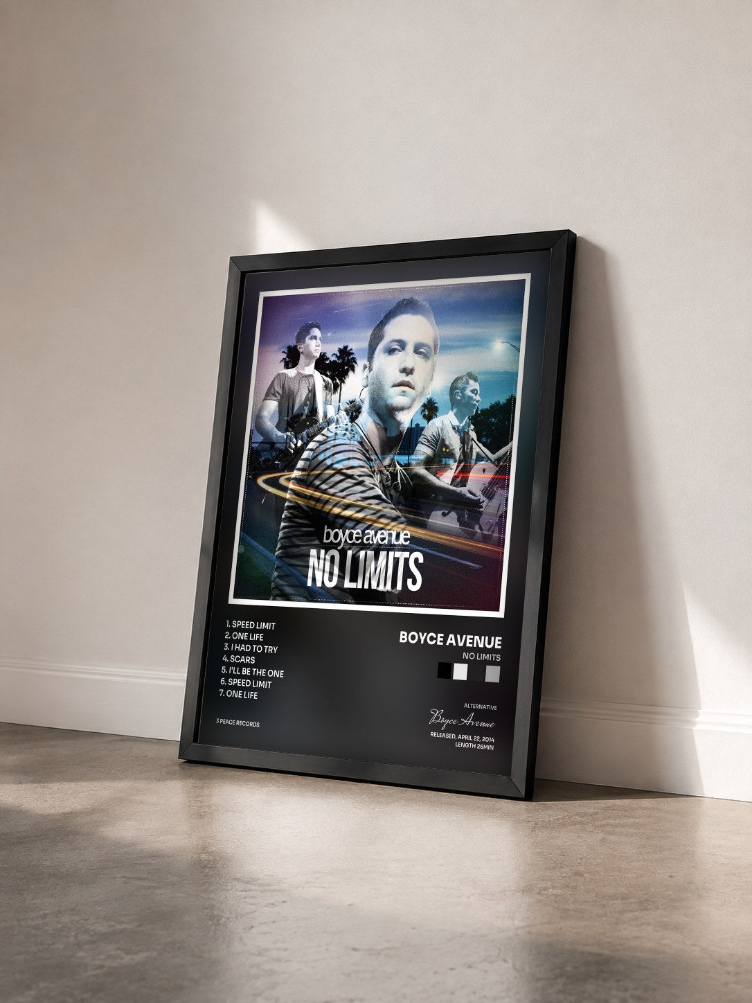 #noir Tableau de l'album No Limits de Boyce Avenue vu de trois quarts, cadre noir
