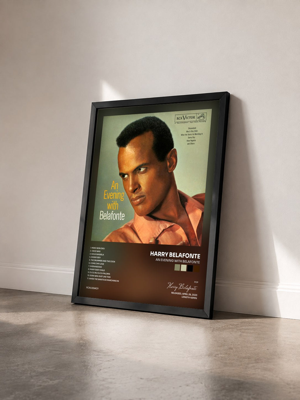 #noir Tableau de l'album An Evening with Belafonte de Harry Belafonte vu de trois quarts, cadre noir