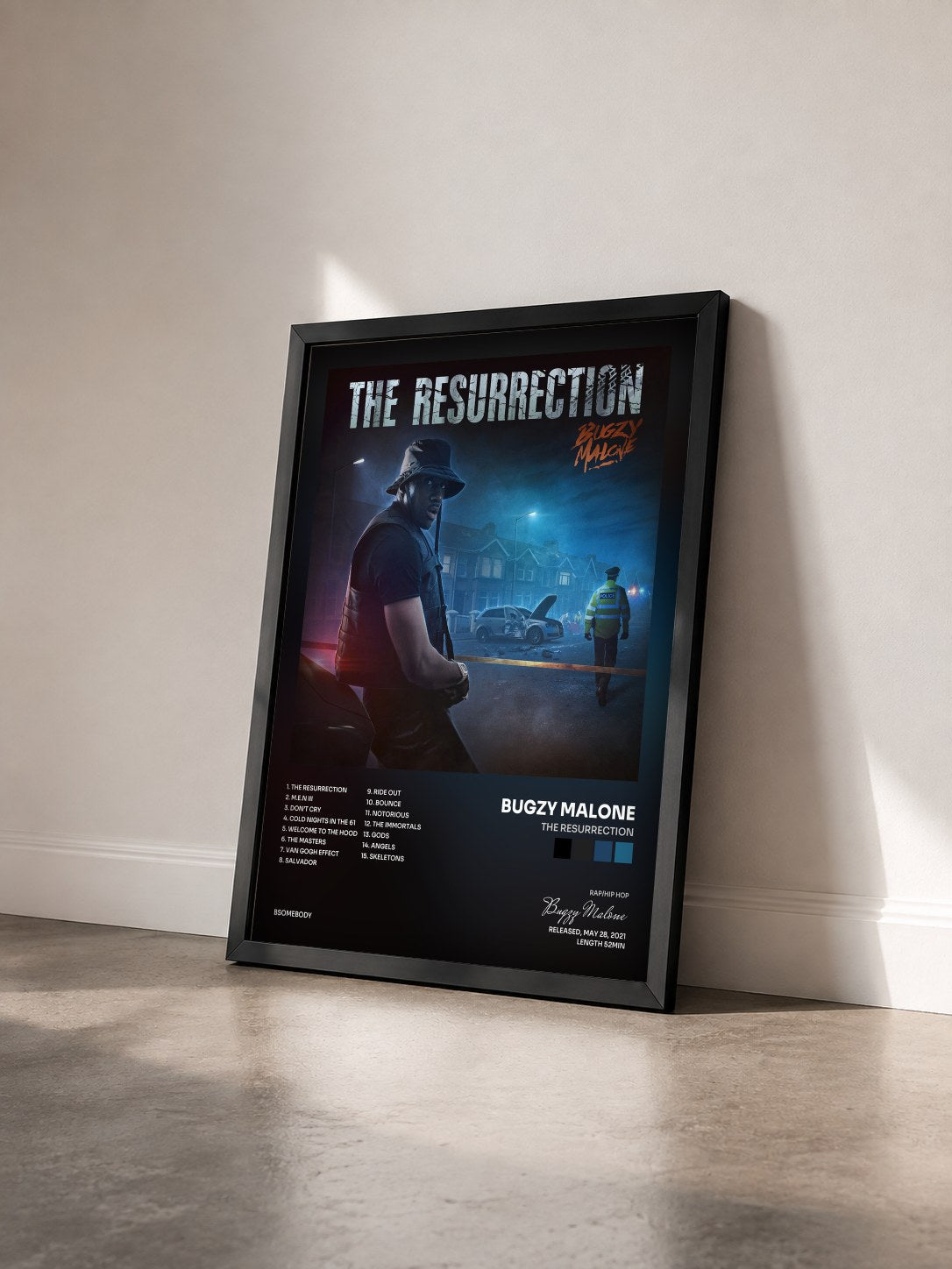 #noir Tableau de l'album The Resurrection de Bugzy Malone vu de trois quarts, cadre noir