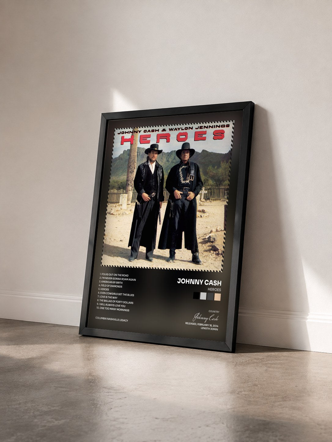 #noir Tableau de l'album Heroes de Johnny Cash vu de trois quarts, cadre noir