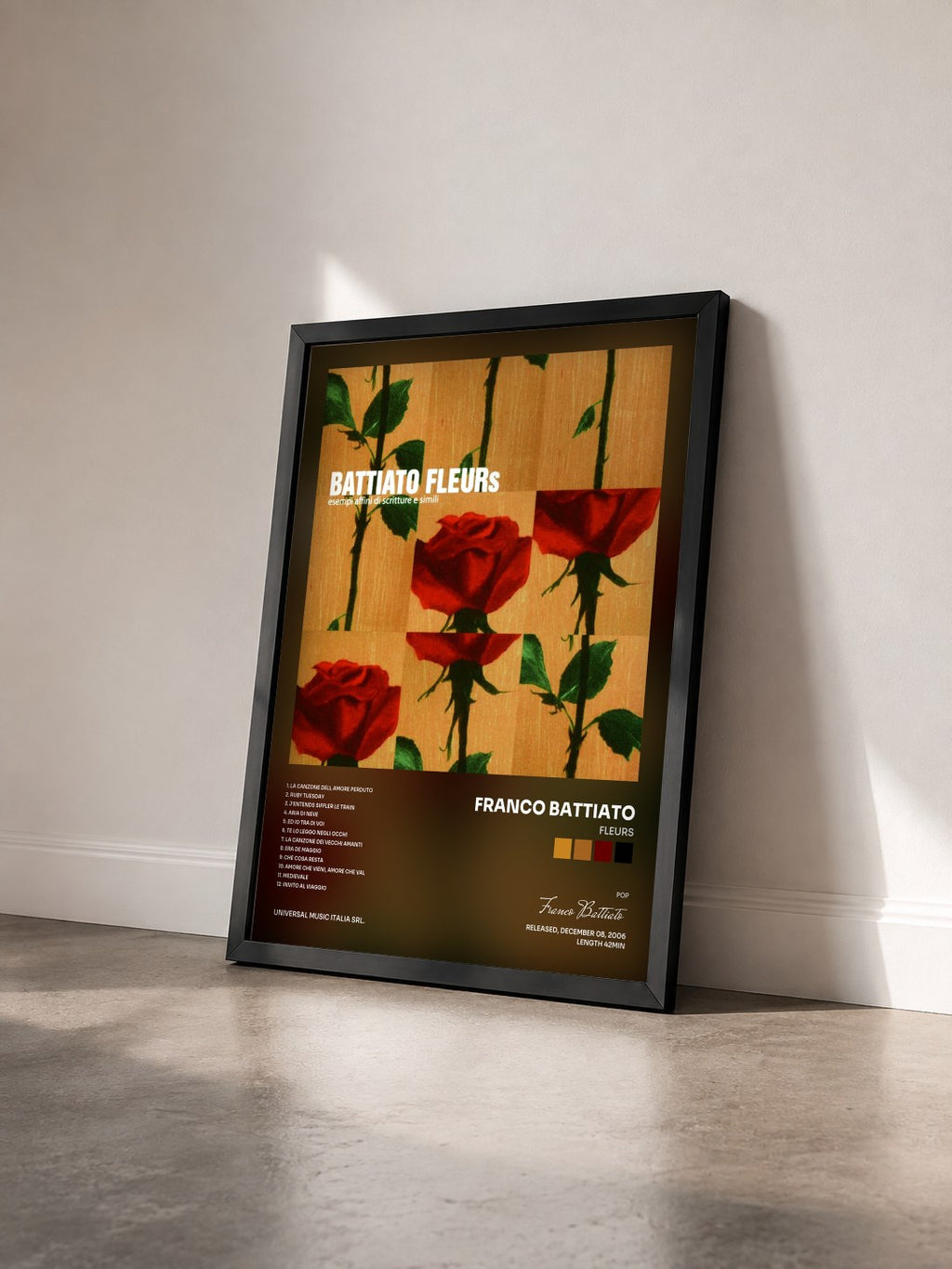 #noir Tableau de l'album Fleurs de Franco Battiato vu de trois quarts, cadre noir