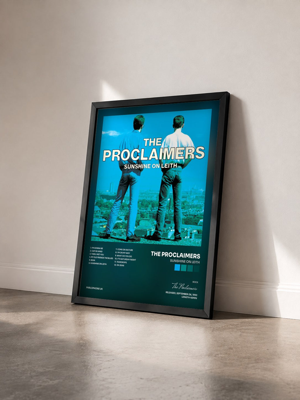 #noir Tableau de l'album Sunshine on Leith de The Proclaimers vu de trois quarts, cadre noir