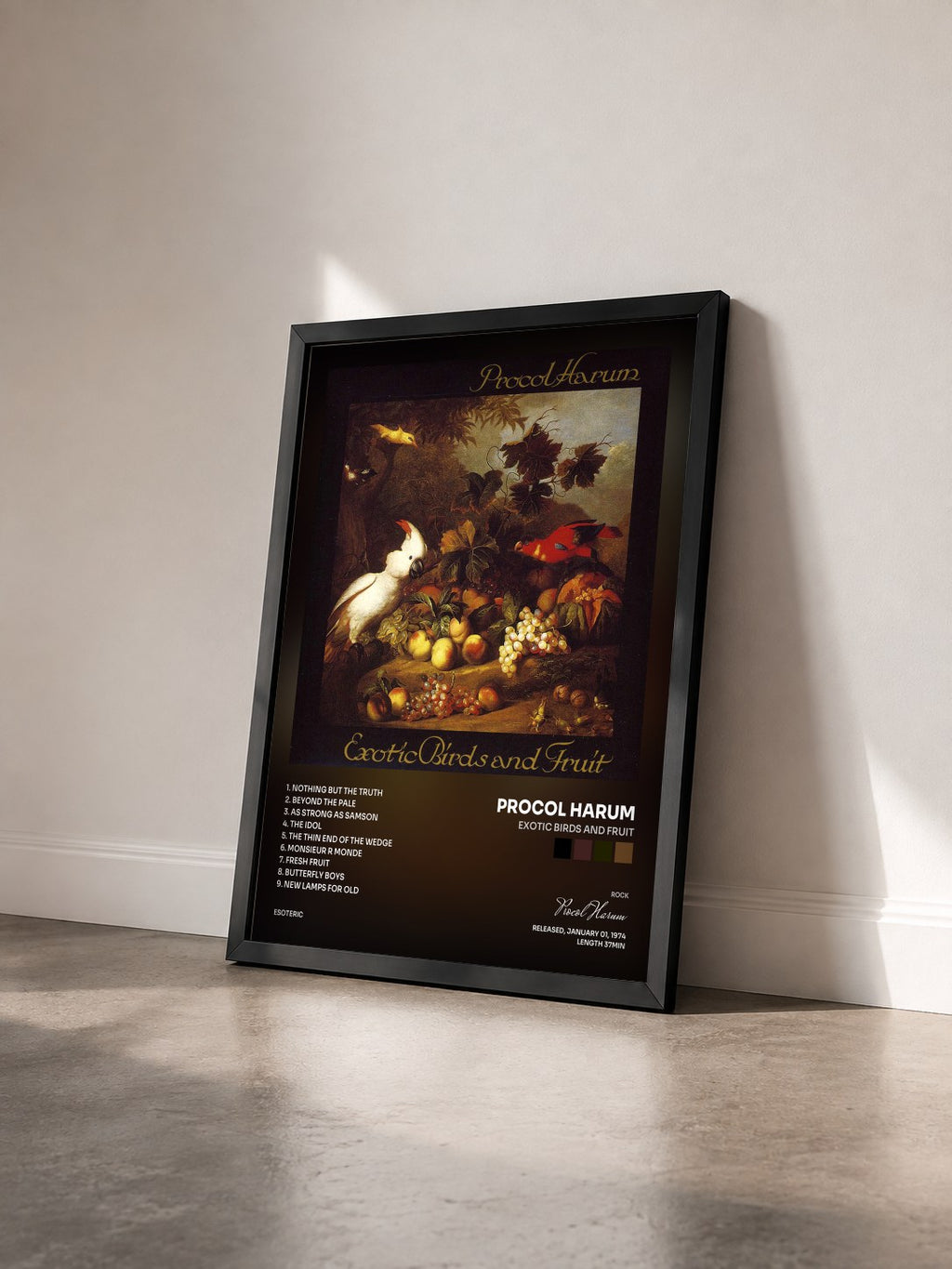 #noir Tableau de l'album Exotic Birds and Fruit de Procol Harum vu de trois quarts, cadre noir