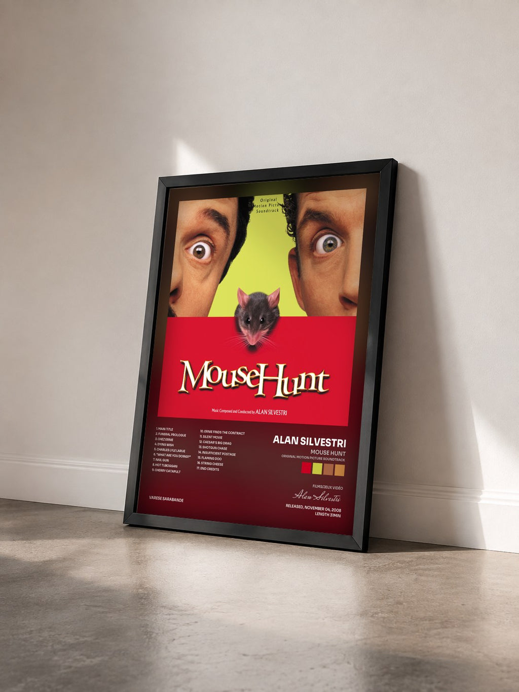 #noir Tableau de l'album Mouse Hunt (Original Motion Picture Soundtrack) de Alan Silvestri vu de trois quarts, cadre noir