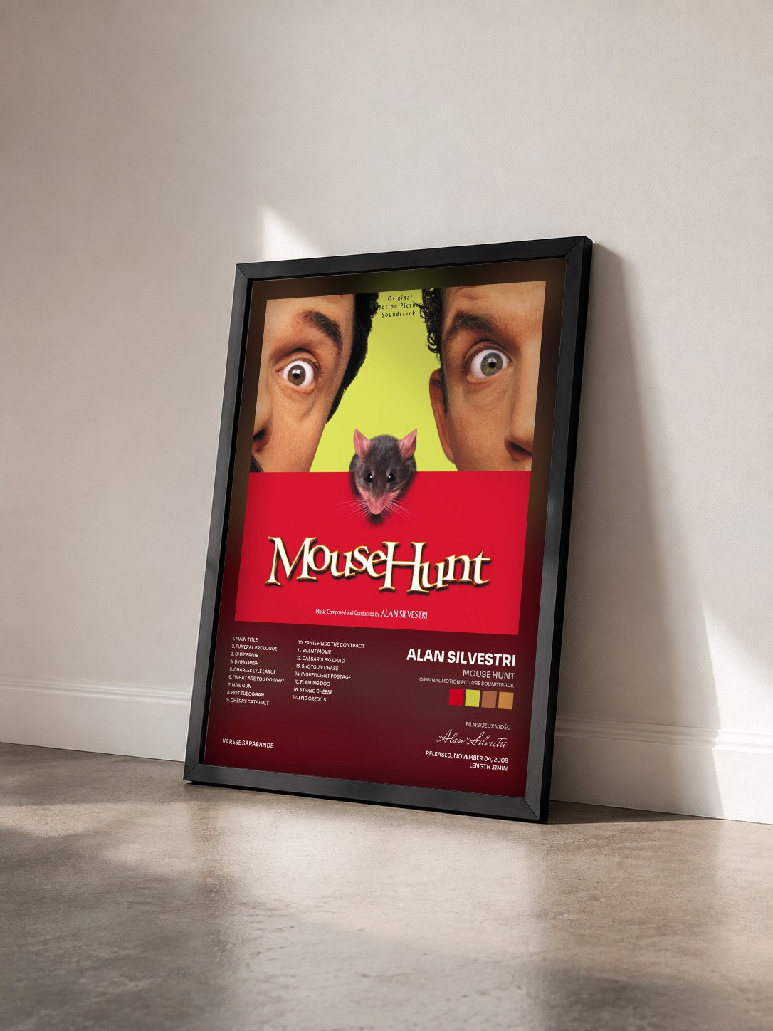 #noir Tableau de l'album Mouse Hunt (Original Motion Picture Soundtrack) de Alan Silvestri vu de trois quarts, cadre noir