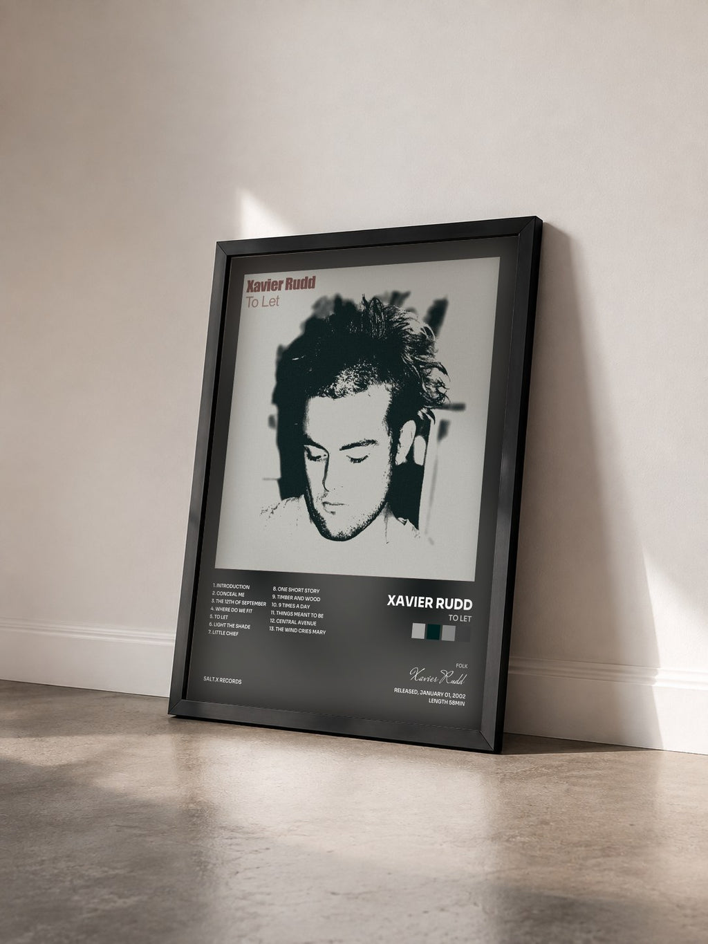 #noir Tableau de l'album To Let de Xavier Rudd vu de trois quarts, cadre noir