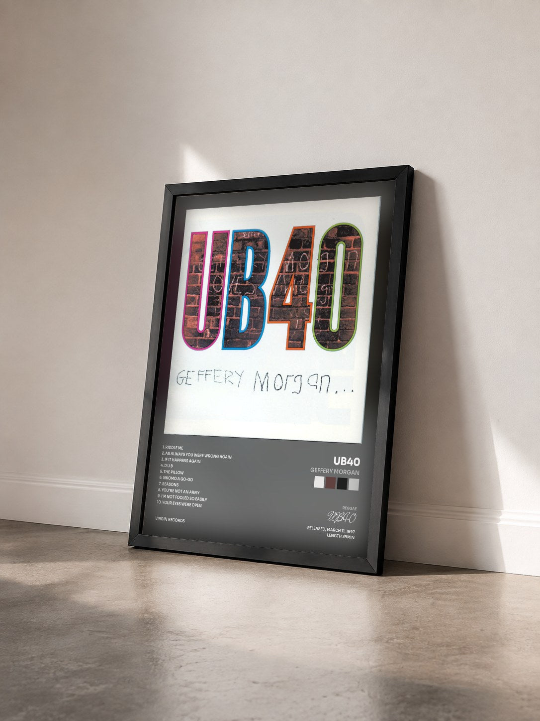 #noir Tableau de l'album Geffery Morgan de UB40 vu de trois quarts, cadre noir
